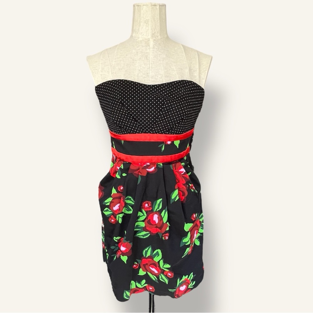 Floral Strapless Black Dress